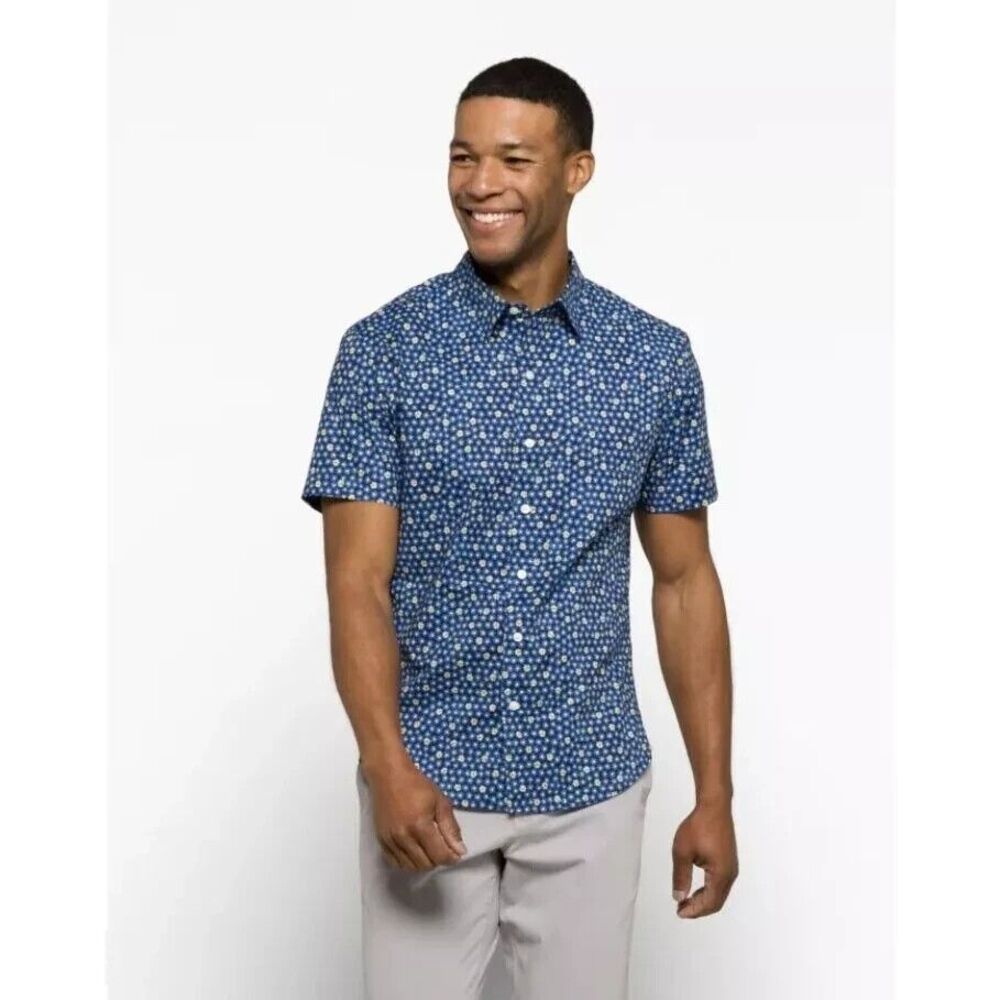 Bonobos Stretch Riviera Short Sleeve Men's Shirt Printed Navy Slim Fit M 275153